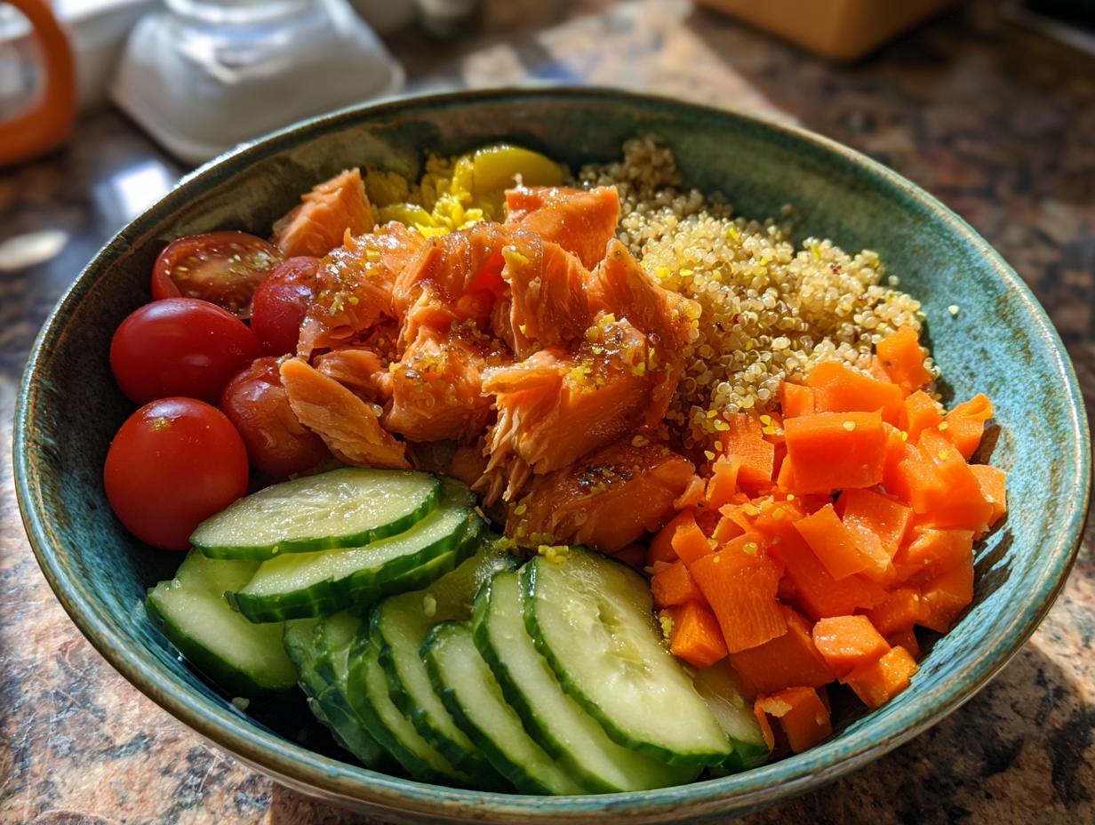 A vibrant bowl filled with flaked salmon, quinoa, cherry tomatoes, cucumber slices, and diced carrots, showcasing healthy lunch ideas.
