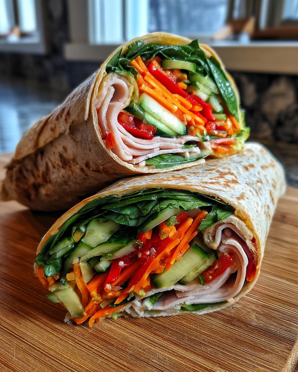A healthy turkey wrap packed with fresh, crunchy vegetables like cucumber, carrots, and bell peppers.