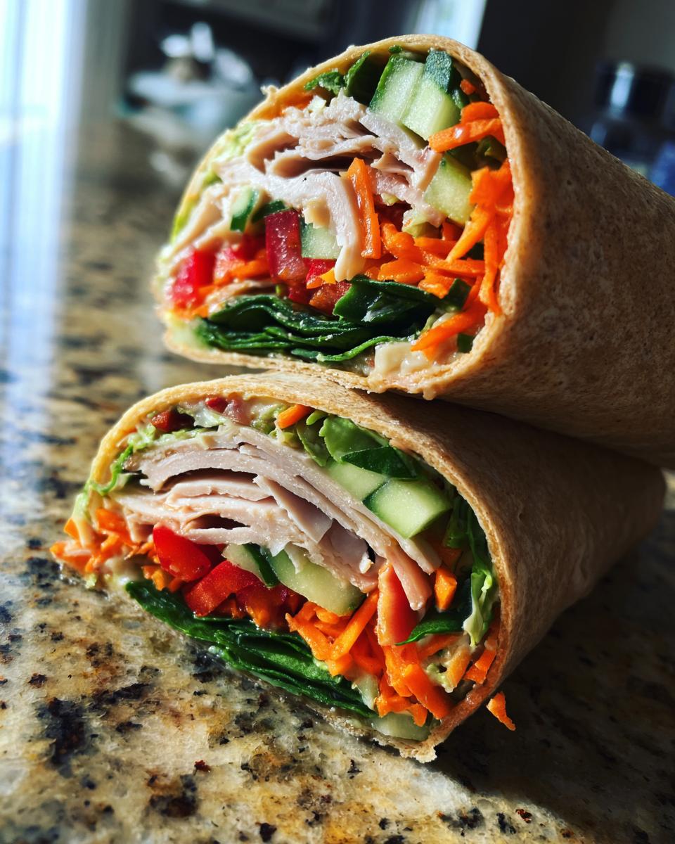 Close-up of a healthy turkey wrap cut in half, showcasing layers of turkey, lettuce, cucumber, shredded carrots, and red pepper.