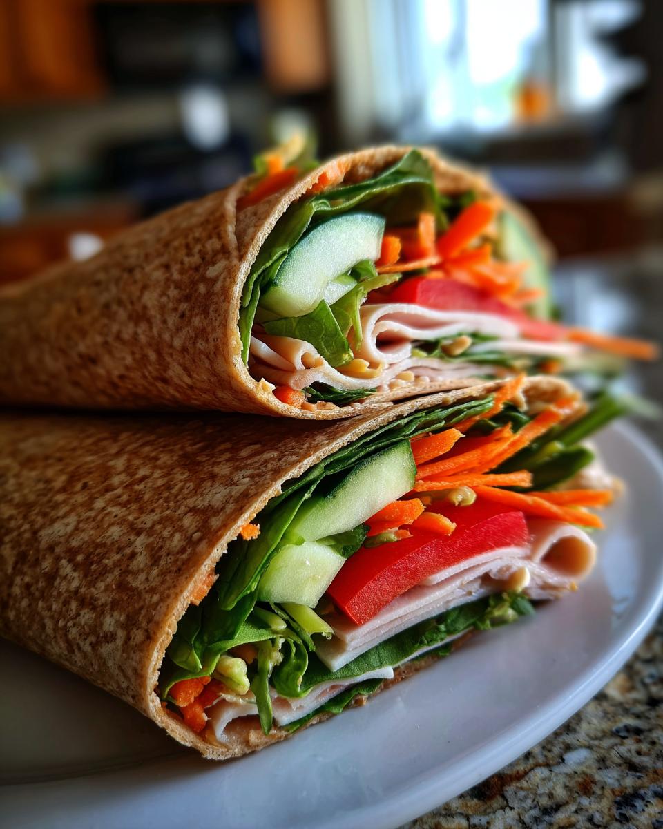 Two halves of a whole wheat turkey wrap packed with lettuce, cucumber, shredded carrots, and tomato slices.