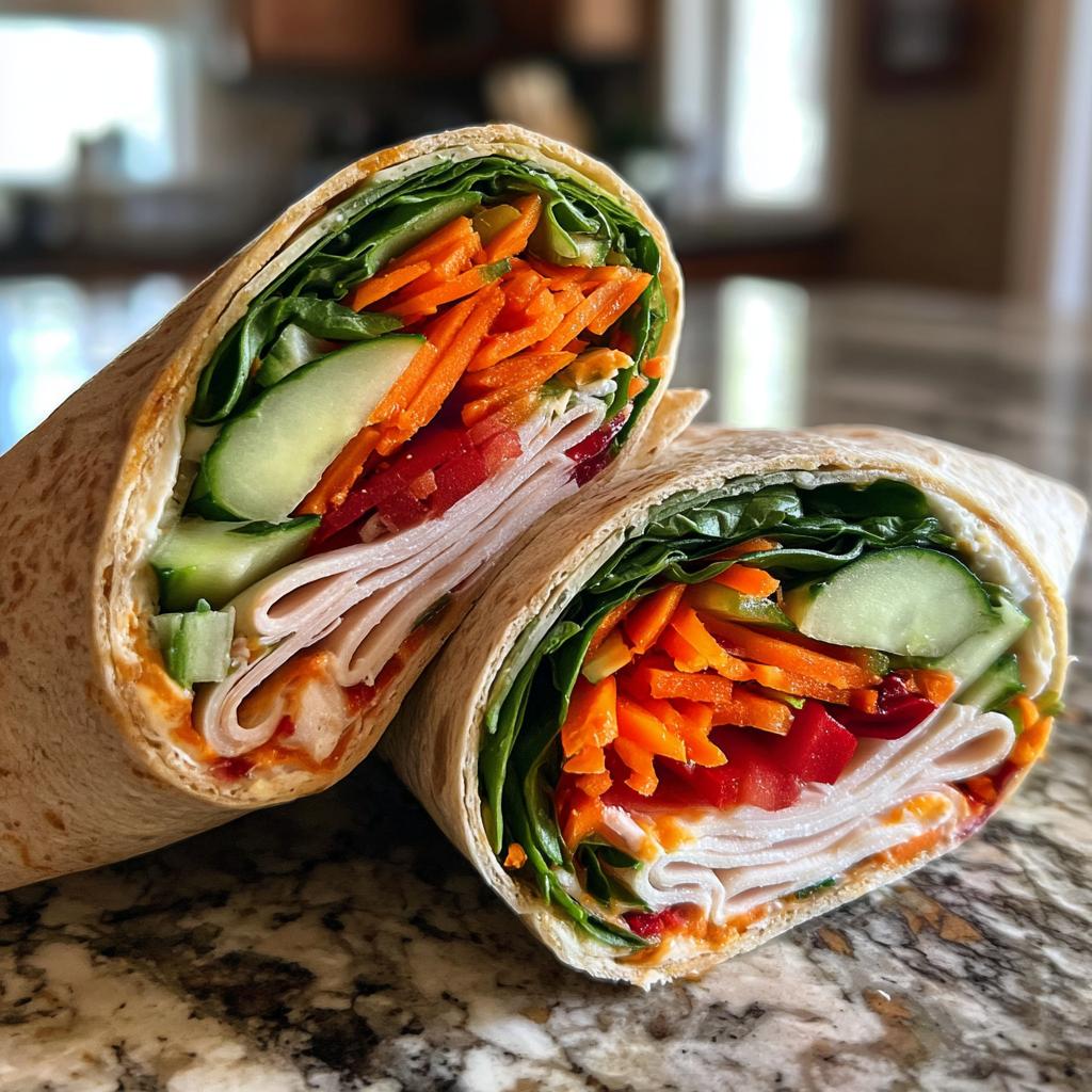 A healthy turkey wrap cut in half, showcasing layers of turkey, lettuce, shredded carrots, cucumber, and tomato.