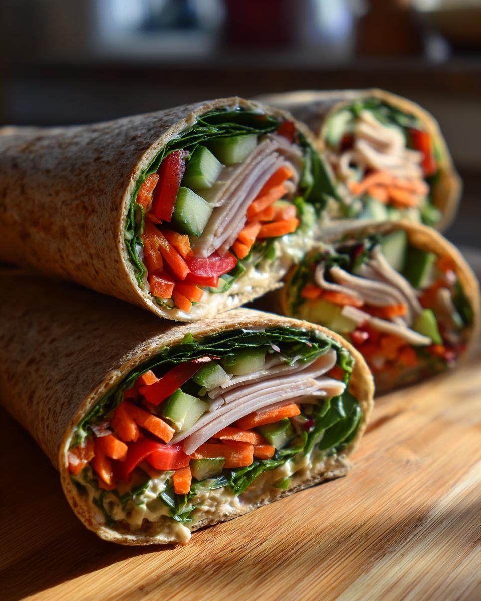 Close-up of healthy turkey wraps filled with fresh, crunchy vegetables and turkey slices.