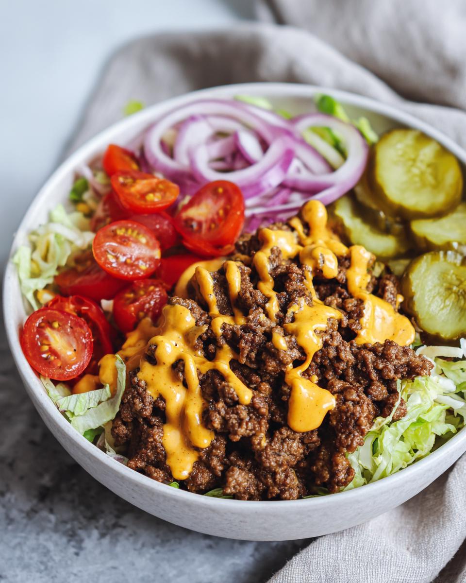 A delicious High-Protein Cheeseburger Bowl with seasoned ground beef, shredded lettuce, cherry tomatoes, red onion, pickles, and cheese sauce.
