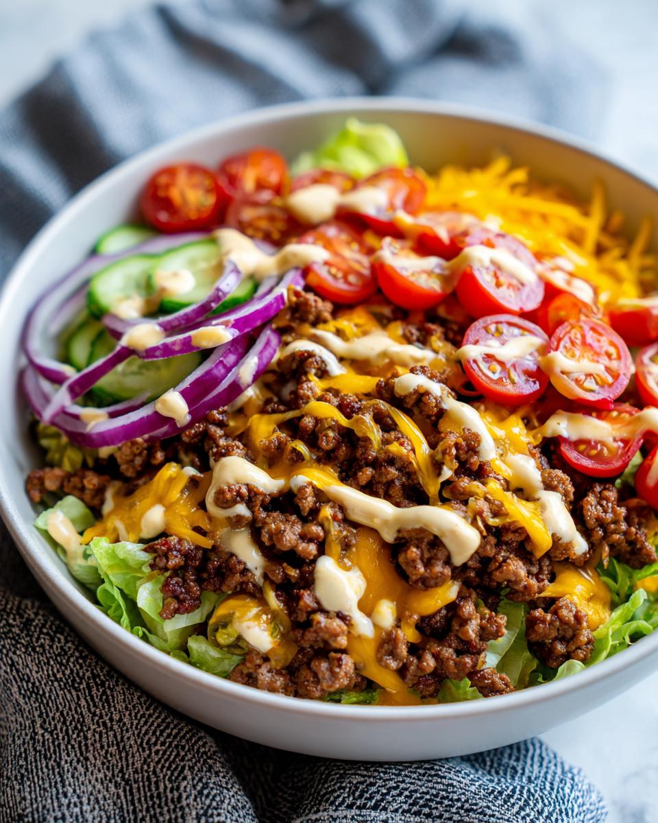 A delicious High-Protein Cheeseburger Bowl with seasoned ground beef, shredded cheese, lettuce, tomatoes, red onion, and cucumber, drizzled with sauce.