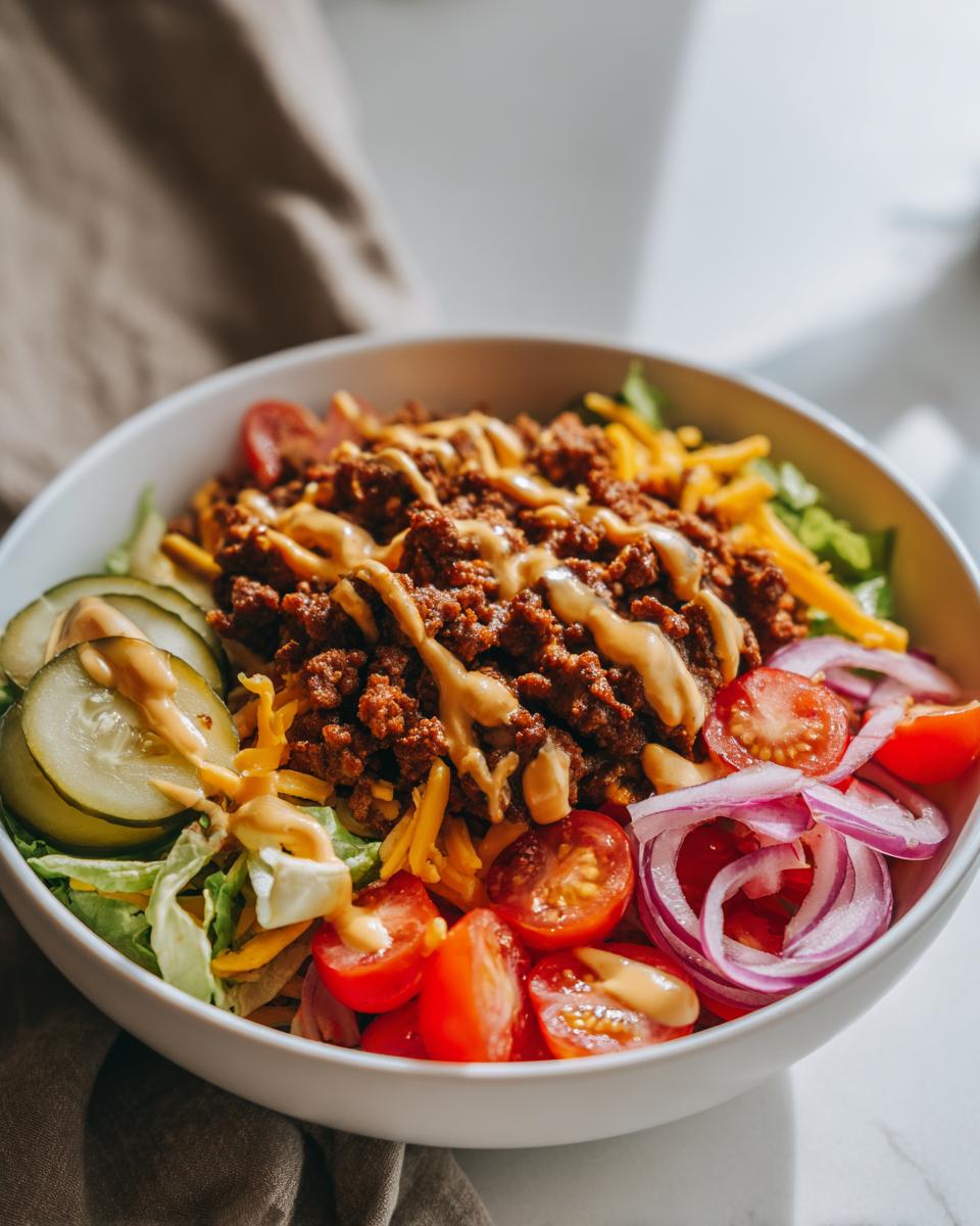 A delicious High-Protein Cheeseburger Bowl with seasoned ground beef, lettuce, tomatoes, onions, pickles, cheese, and a drizzle of sauce.