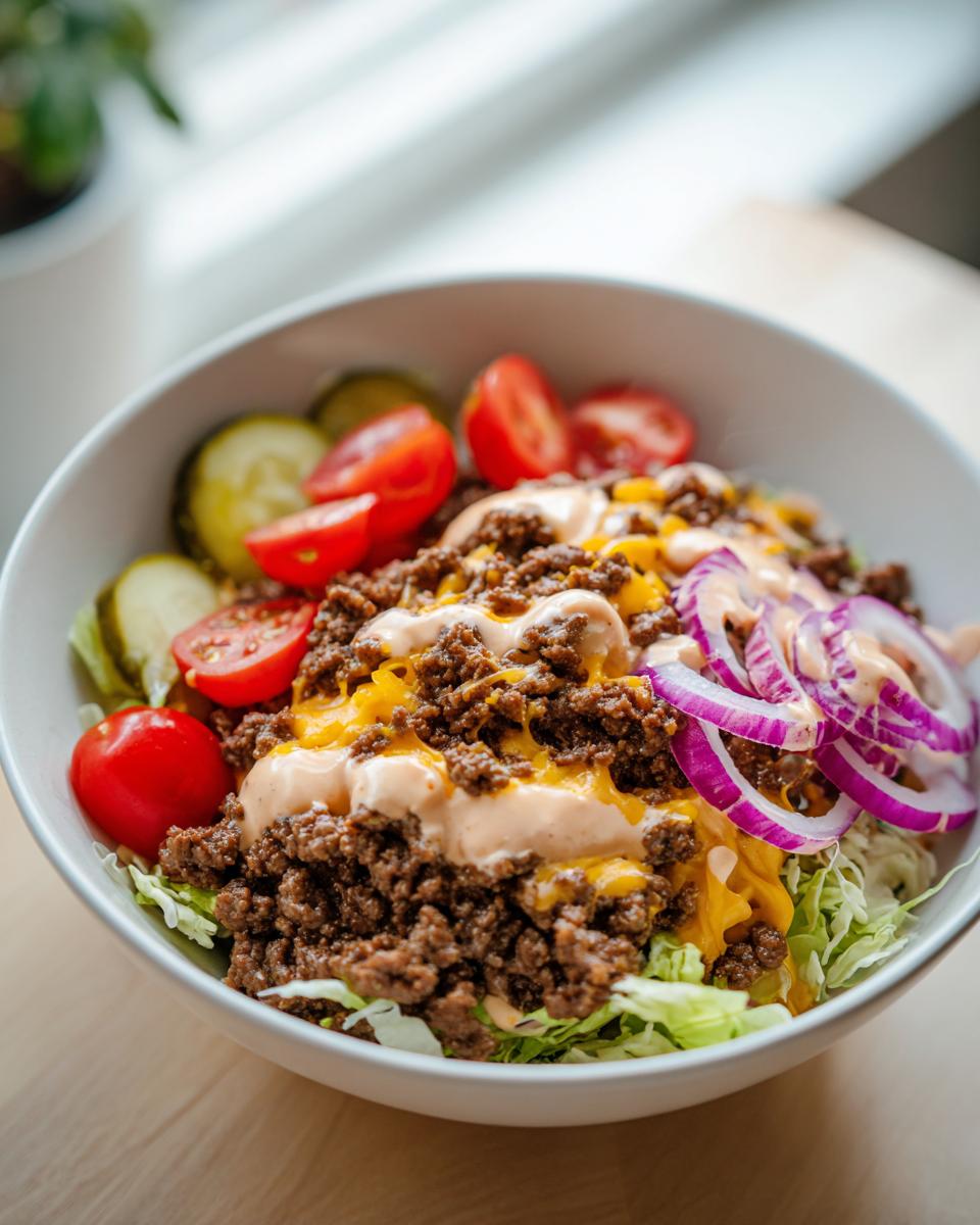 A delicious High-Protein Cheeseburger Bowl with ground beef, cheese, lettuce, tomatoes, pickles, and sauce.