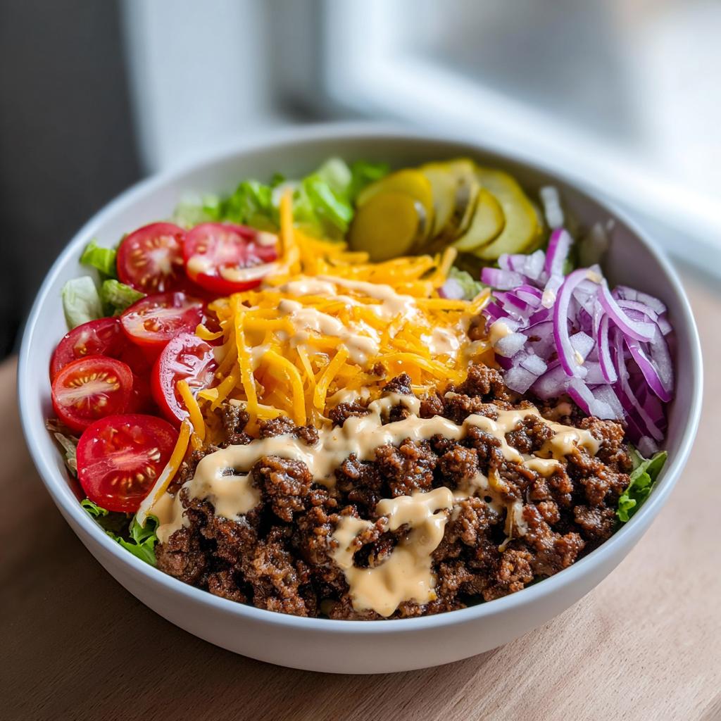 A delicious High-Protein Cheeseburger Bowl with seasoned ground beef, lettuce, tomatoes, cheese, pickles, and sauce.