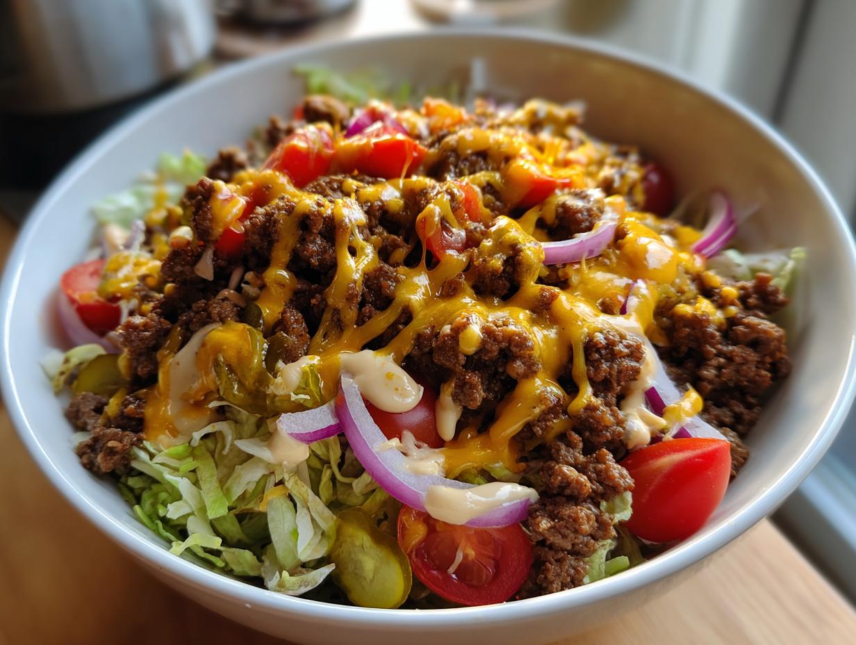 A delicious bowl of High-Protein Cheeseburger Bowls with ground beef, lettuce, tomatoes, onions, pickles, and melted cheese.