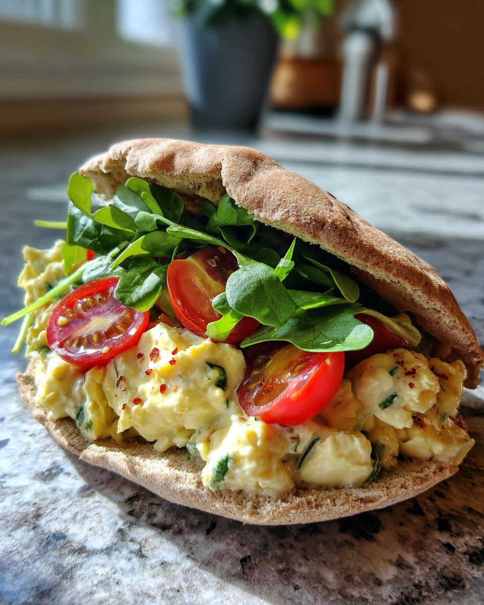 A whole wheat pita pocket stuffed with high protein egg salad, fresh greens, and cherry tomatoes.
