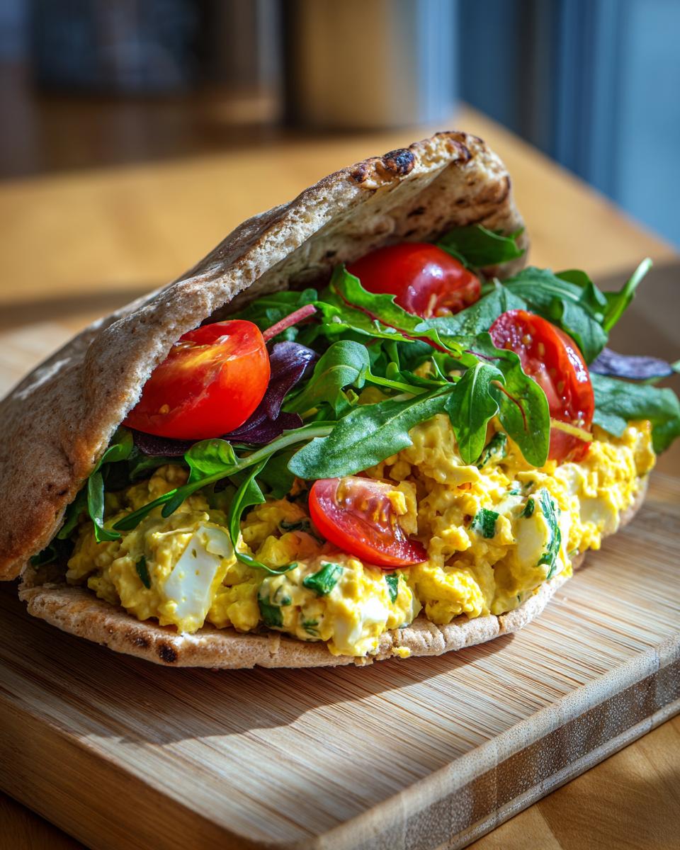 A healthy lunch idea: a pita pocket stuffed with high protein egg salad, fresh greens, and cherry tomatoes.
