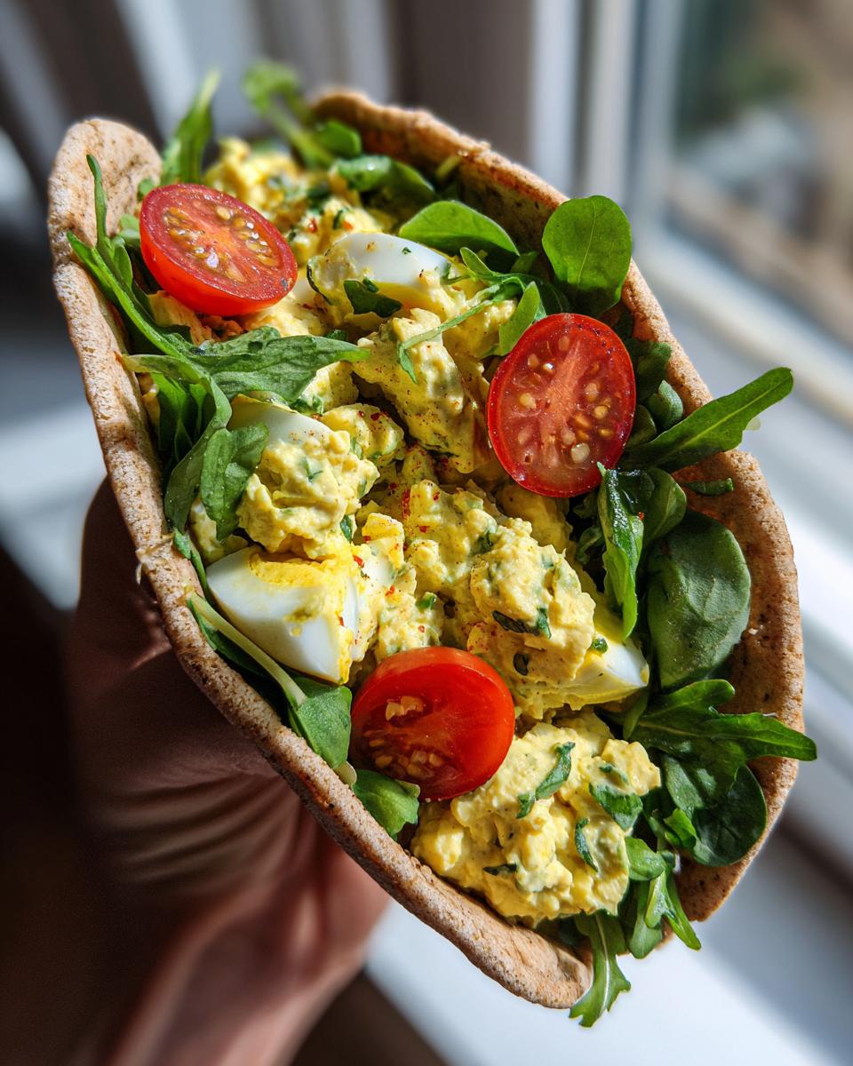 A whole wheat pita pocket stuffed with high protein egg salad, fresh greens, and cherry tomatoes.