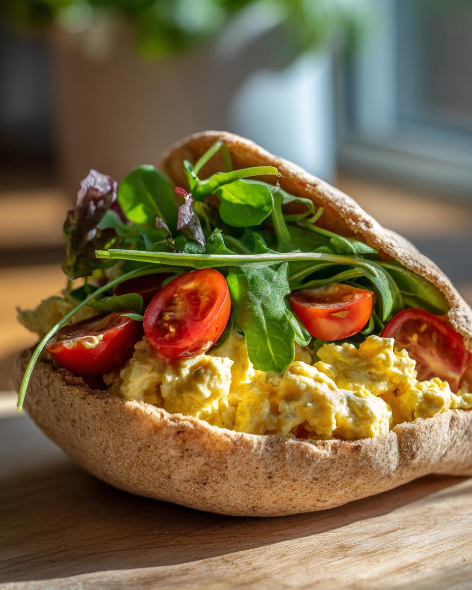A whole wheat pita pocket stuffed with creamy egg salad, fresh cherry tomatoes, and mixed greens, showcasing healthy lunch ideas.