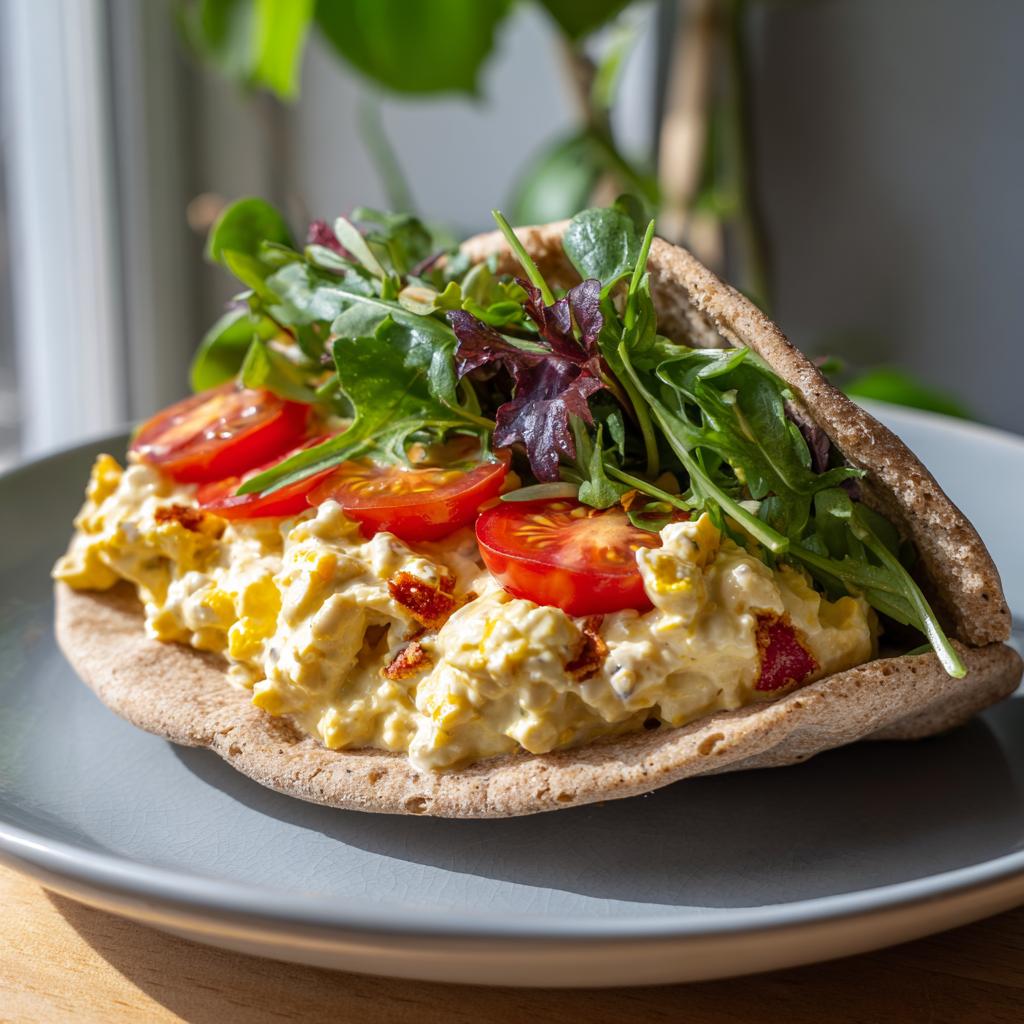 A whole wheat pita pocket stuffed with creamy egg salad, cherry tomatoes, and fresh greens, showcasing healthy lunch ideas.