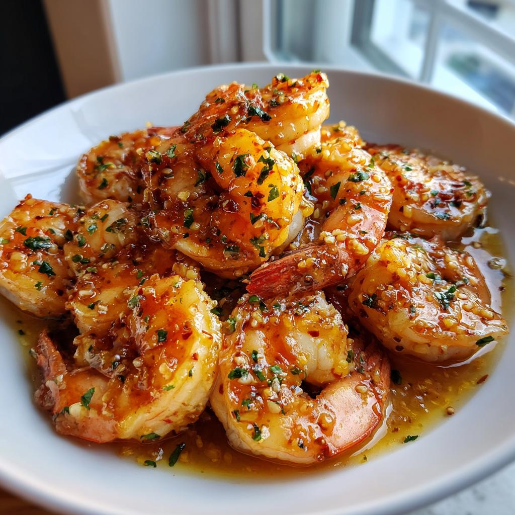 A close-up of glistening High-Protein Honey Garlic Shrimp coated in a savory sauce and sprinkled with herbs.