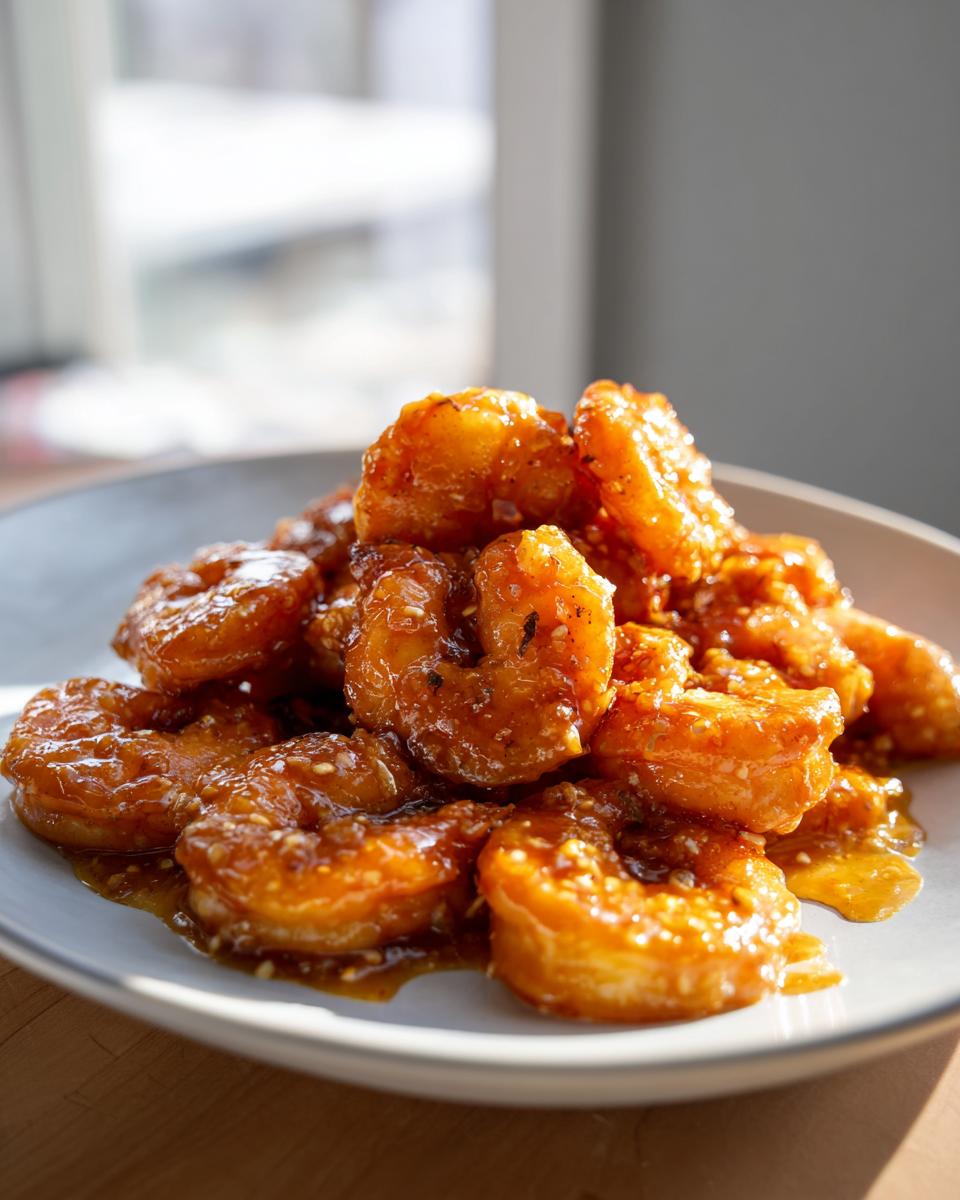 A close-up of a plate piled high with glistening High-Protein Honey Garlic Shrimp, coated in a rich, glossy sauce.