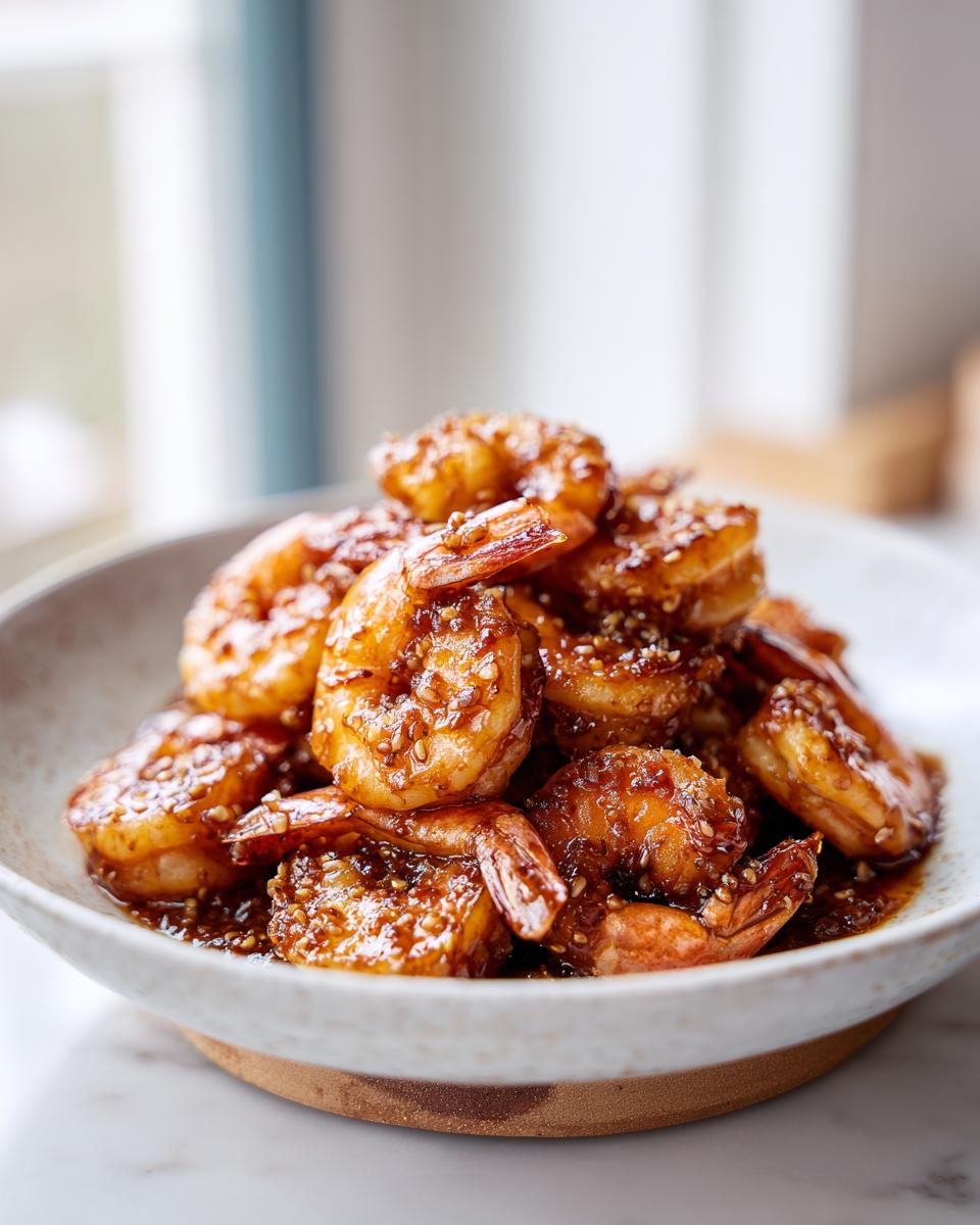 A close-up of a bowl filled with glistening High-Protein Honey Garlic Shrimp, coated in a rich sauce and sprinkled with sesame seeds.