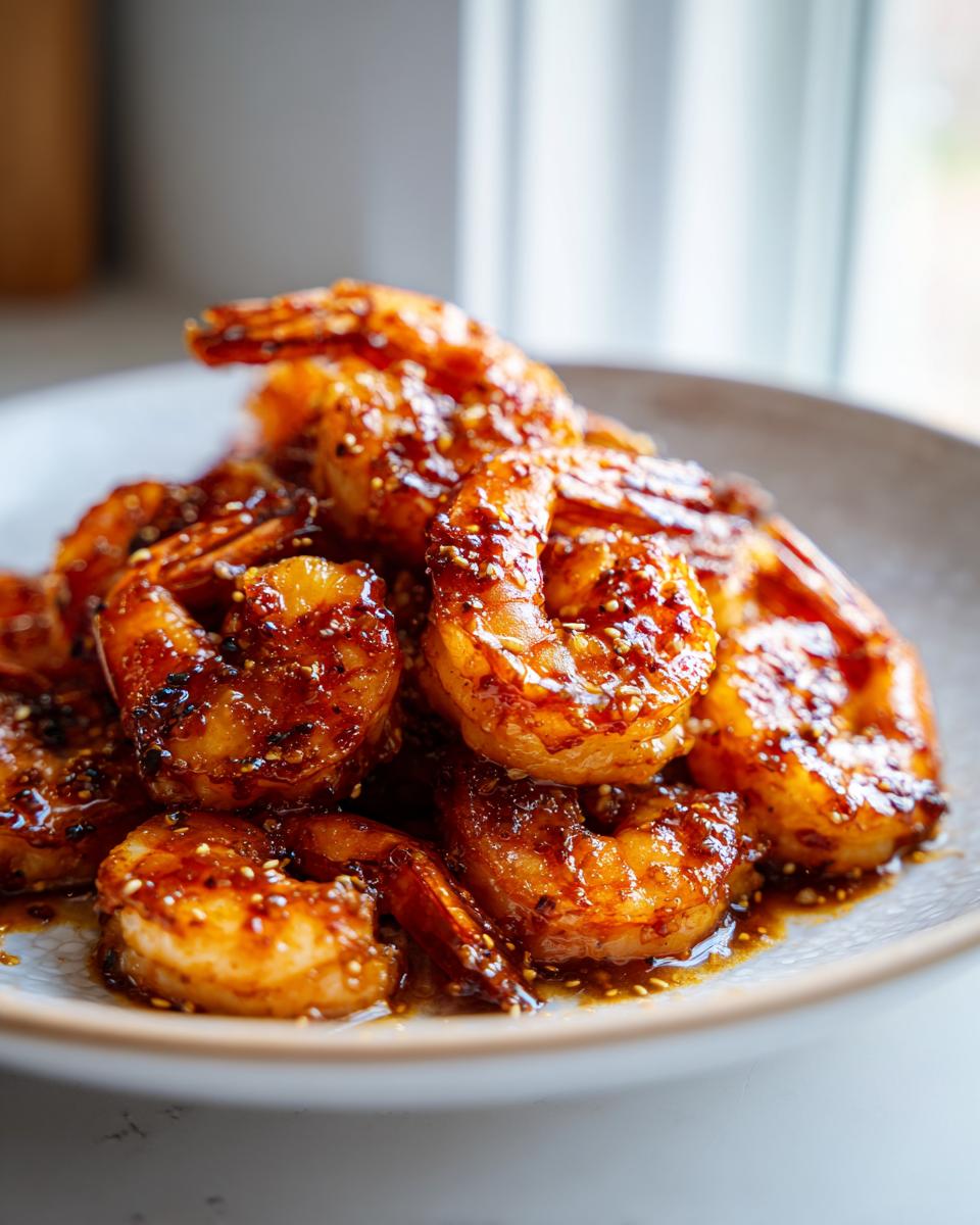 A close-up of a plate piled high with glossy, glazed High-Protein Honey Garlic Shrimp, sprinkled with sesame seeds.