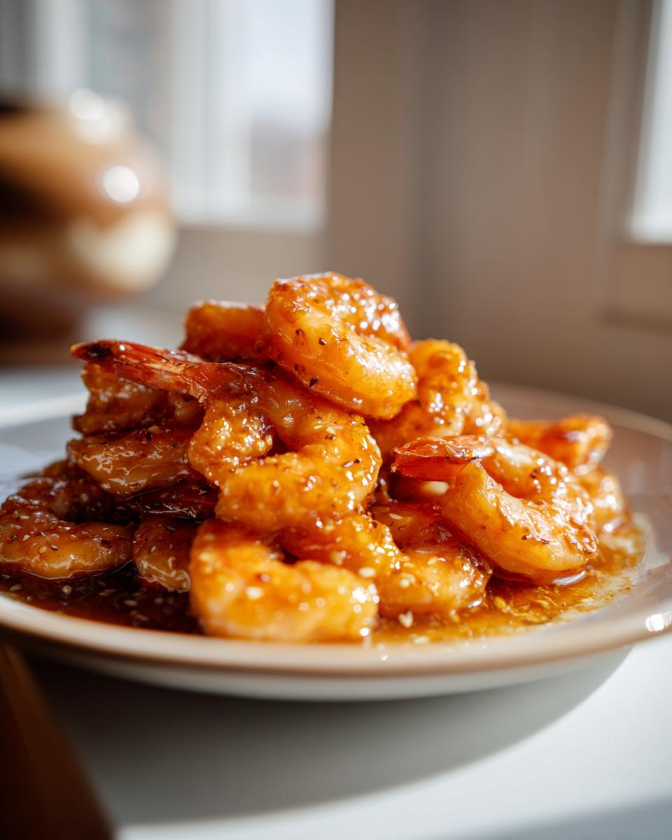 A close-up of a plate piled high with glistening High-Protein Honey Garlic Shrimp, coated in a rich sauce and sprinkled with sesame seeds.