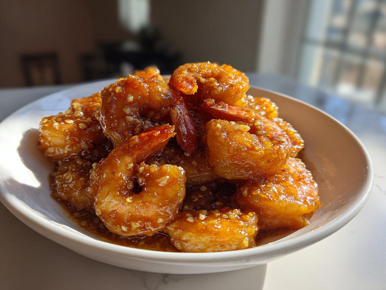 A bowl of glistening High-Protein Honey Garlic Shrimp coated in a sweet and savory sauce with sesame seeds.