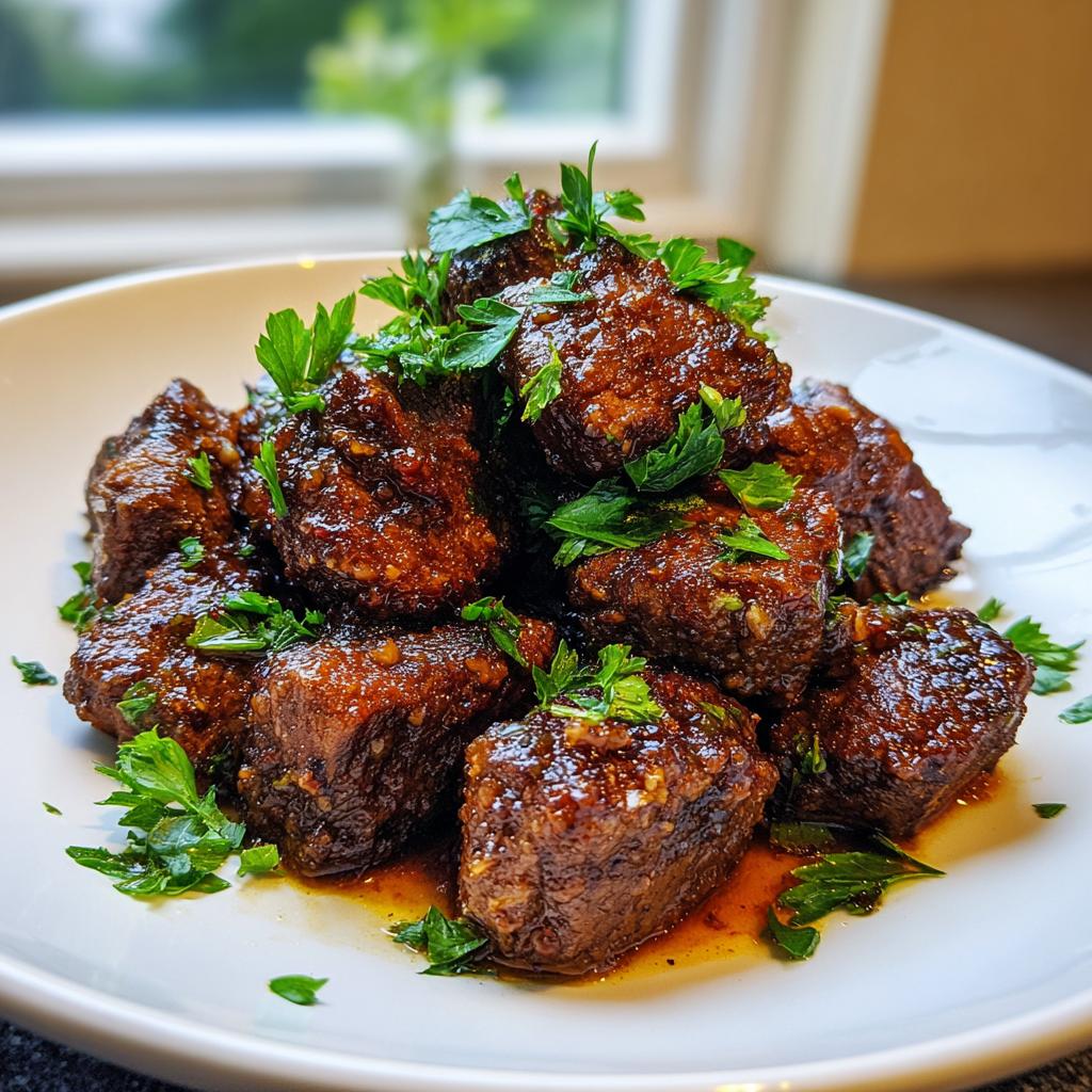 A pile of glistening High Protein Slow Cooker Garlic Butter Beef Bites, garnished with fresh parsley.