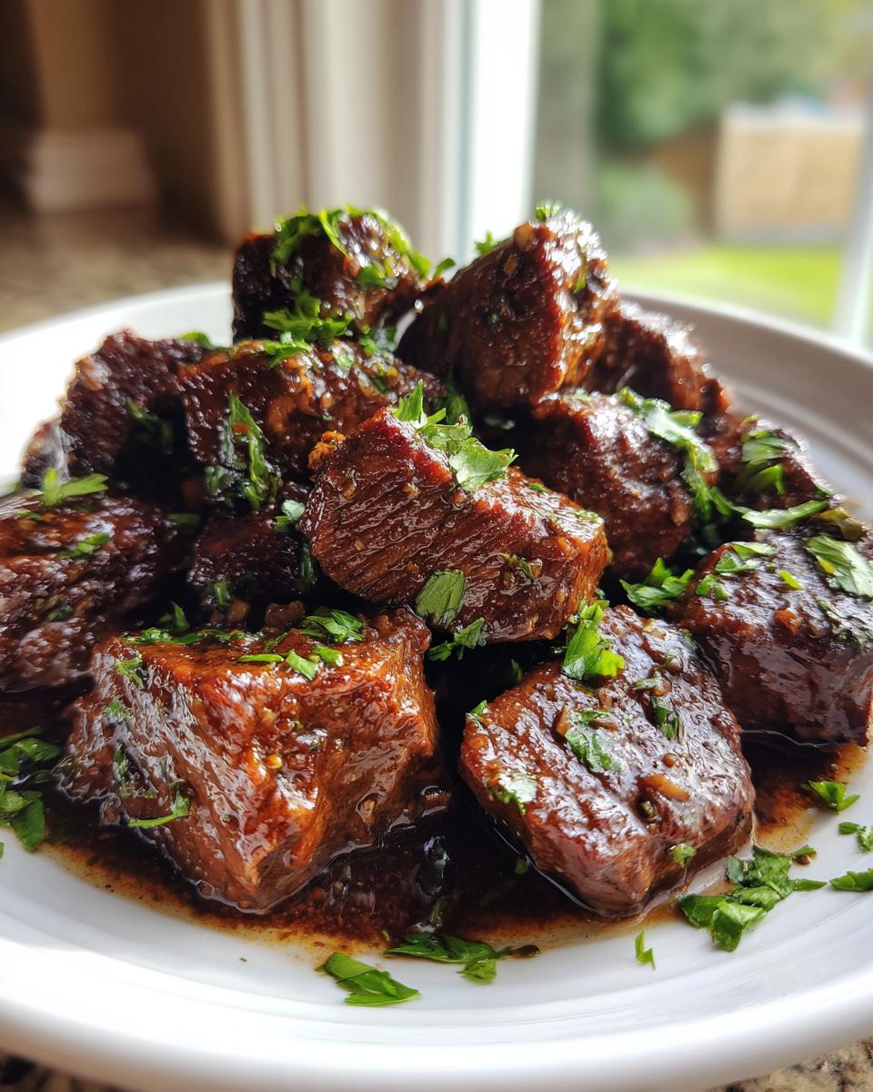 Close-up of tender, glistening High Protein Slow Cooker Garlic Butter Beef Bites garnished with fresh parsley on a white plate.