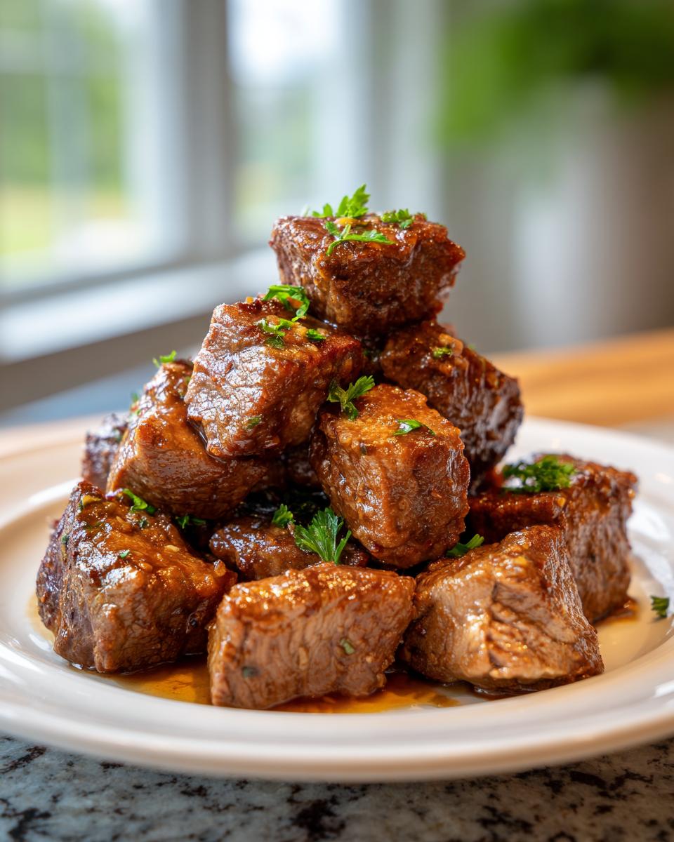 Pile of tender High Protein Slow Cooker Garlic Butter Beef Bites garnished with fresh parsley.