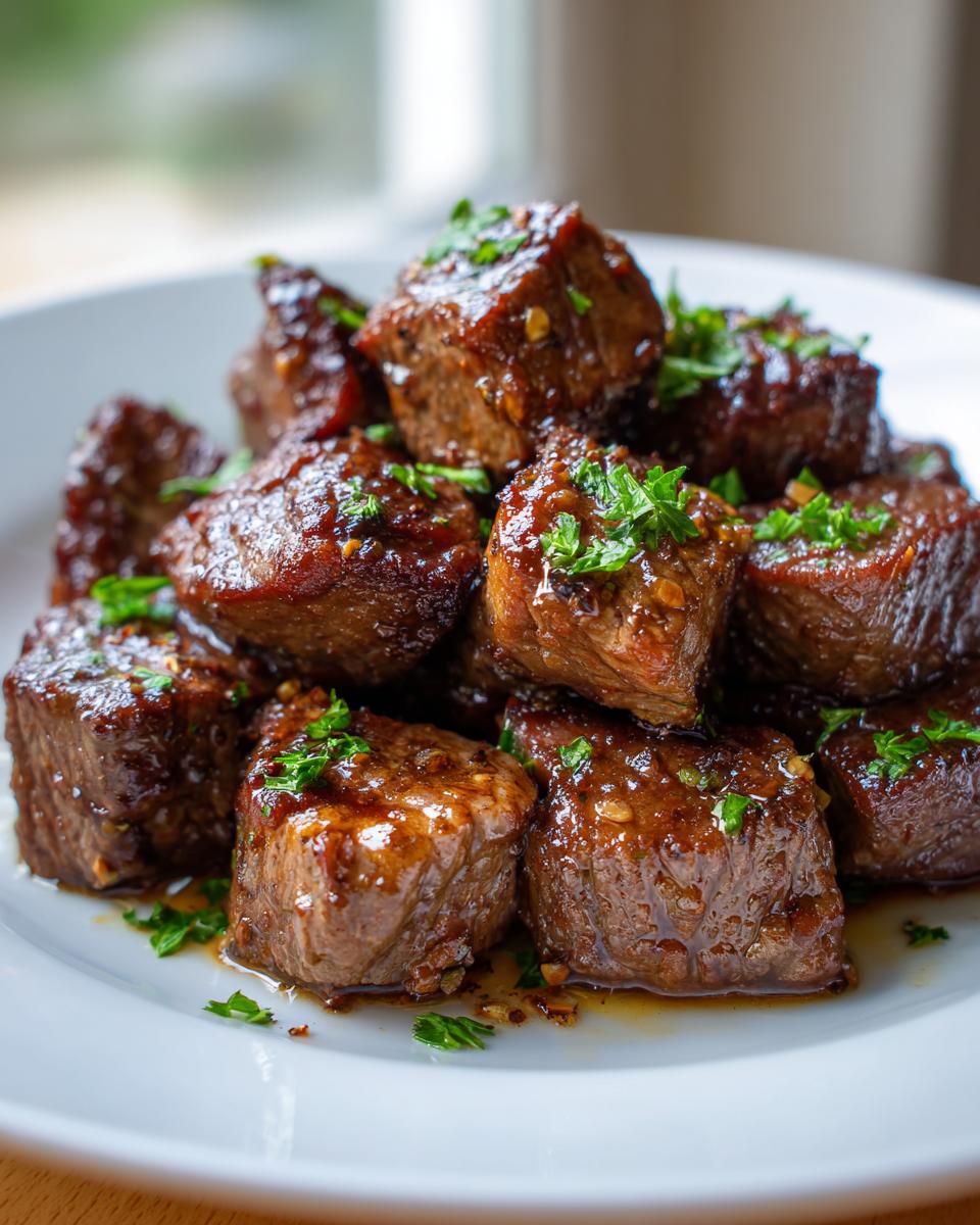 A pile of glistening High Protein Slow Cooker Garlic Butter Beef Bites, garnished with fresh parsley.
