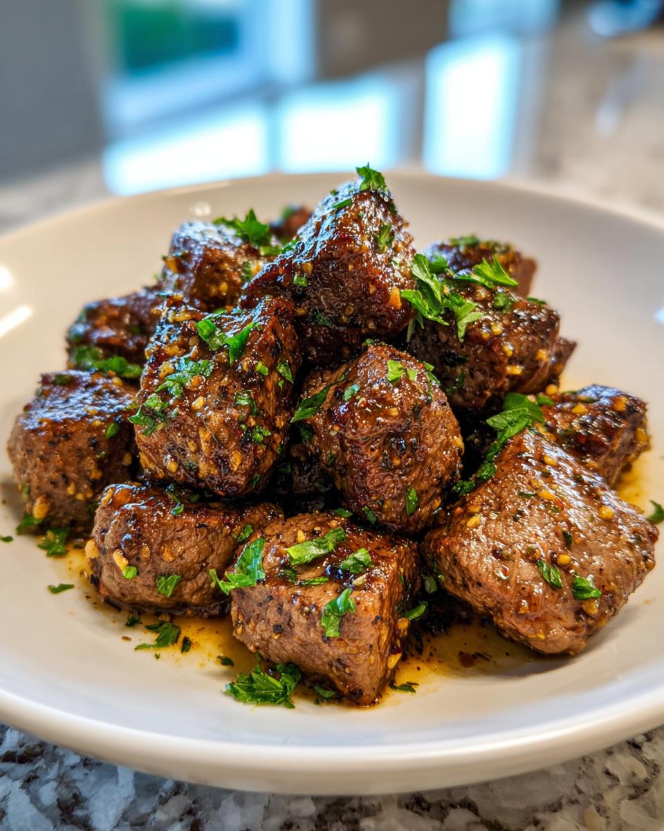 A pile of tender High Protein Slow Cooker Garlic Butter Beef Bites, garnished with fresh parsley.