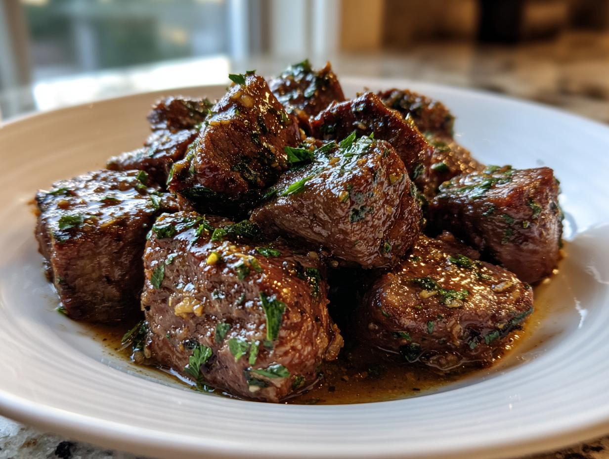 A close-up of tender High Protein Slow Cooker Garlic Butter Beef Bites, glistening with sauce and sprinkled with parsley.