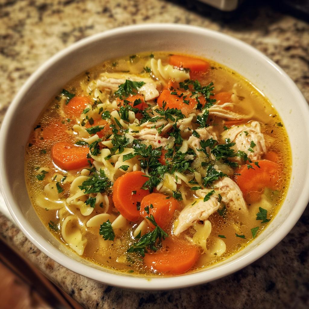 A steaming bowl of homemade chicken noodle soup with noodles, carrots, chicken, and parsley.