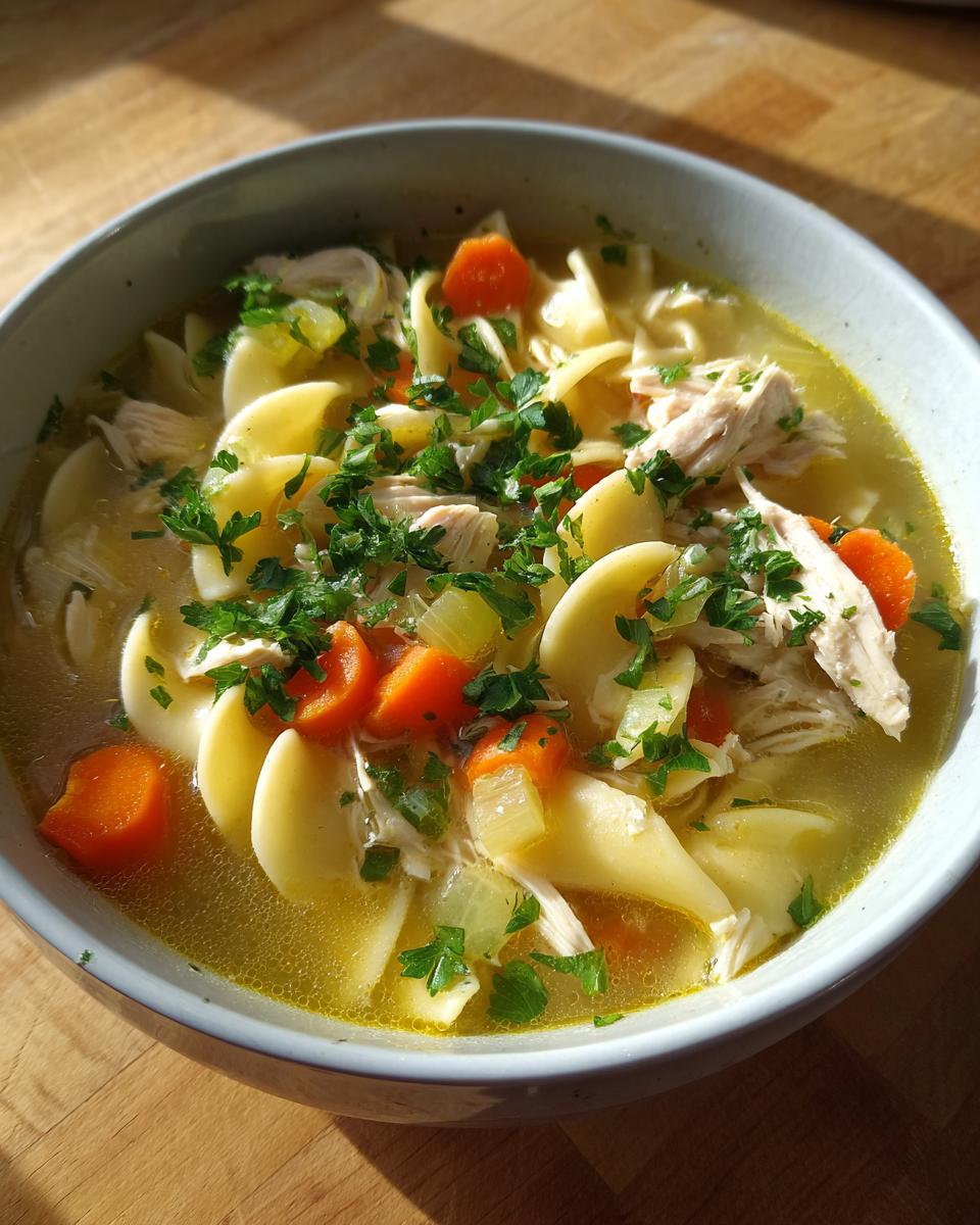 A close-up shot of a bowl filled with homemade chicken noodle soup, featuring wide egg noodles, shredded chicken, carrots, celery, and parsley.