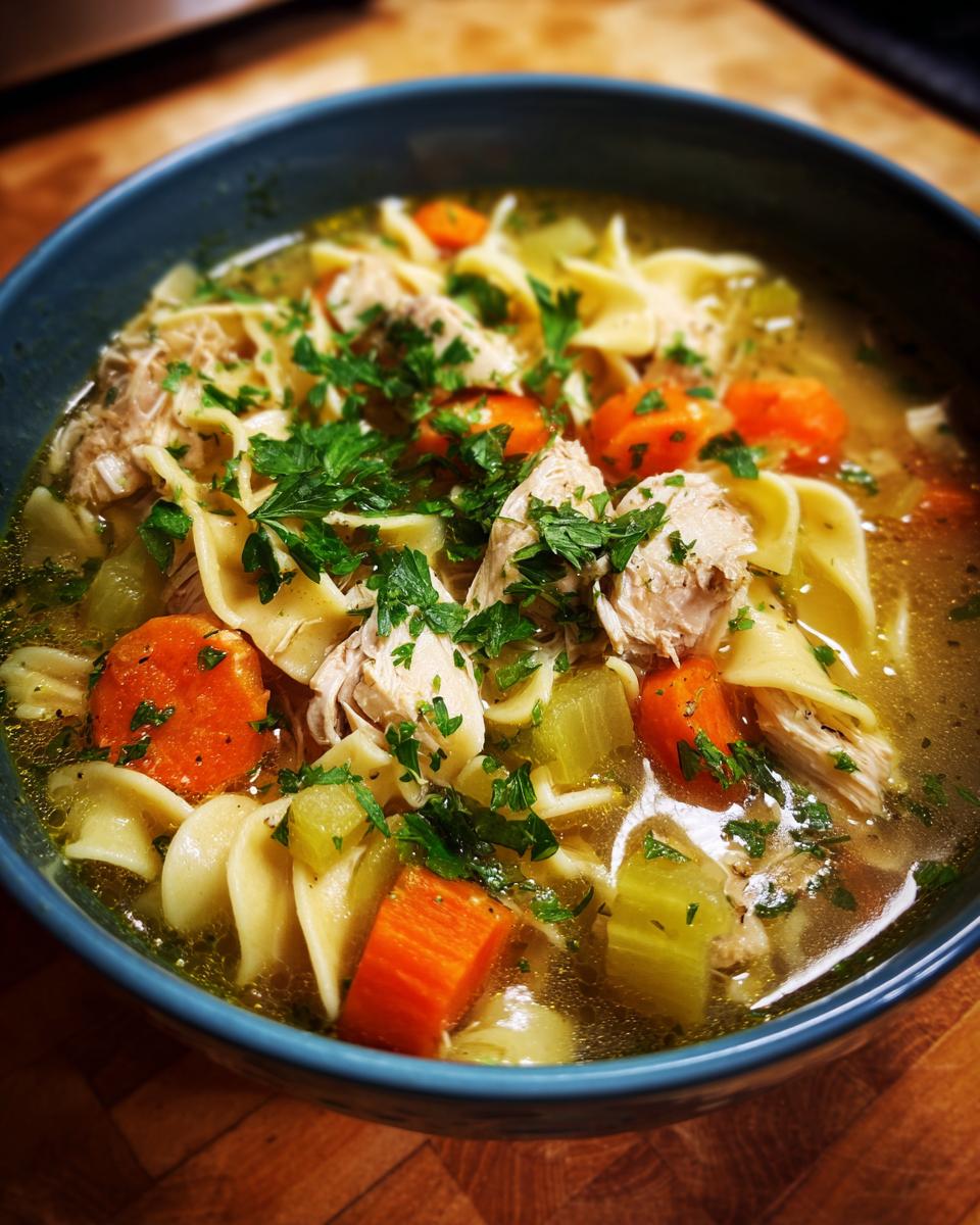 A close-up of a bowl of homemade chicken noodle soup with wide noodles, shredded chicken, carrots, celery, and parsley.