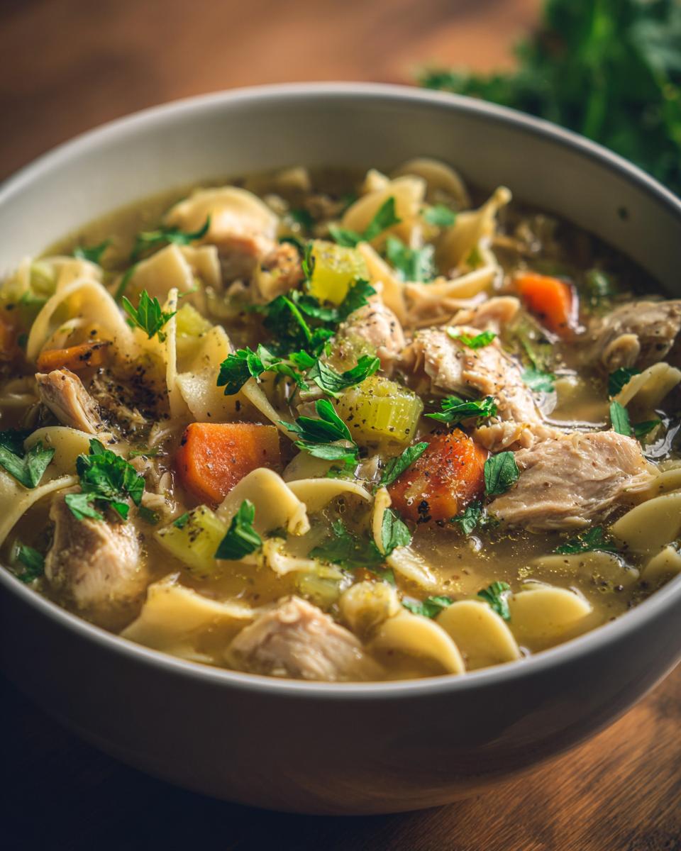 A close-up of a bowl of homemade chicken noodle soup, featuring noodles, chicken, carrots, celery, and parsley.