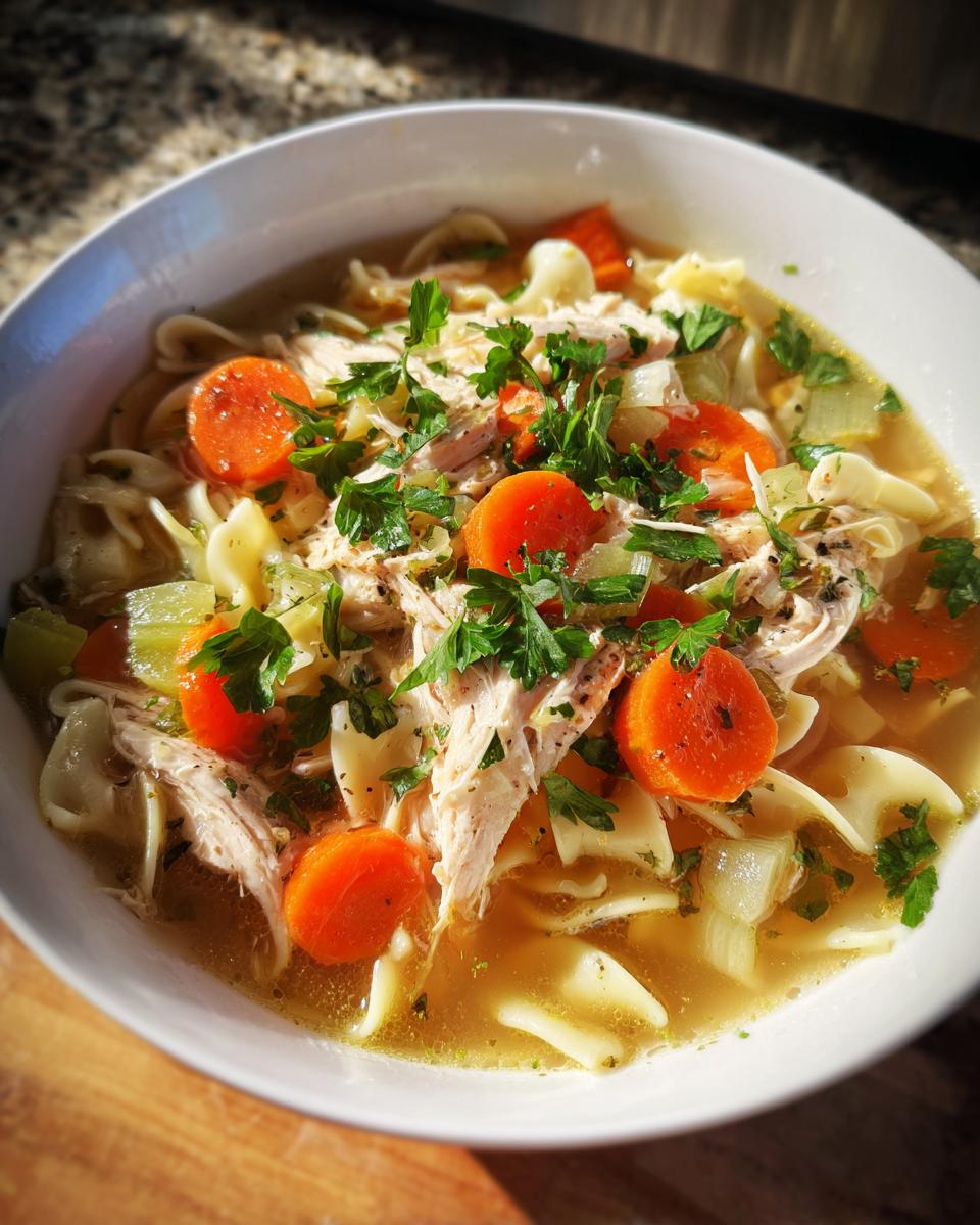 A comforting bowl of homemade chicken noodle soup with shredded chicken, carrots, celery, and egg noodles, garnished with fresh parsley.