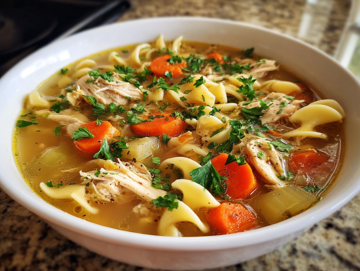 A close-up of a bowl of homemade chicken noodle soup, featuring shredded chicken, noodles, carrots, and parsley.