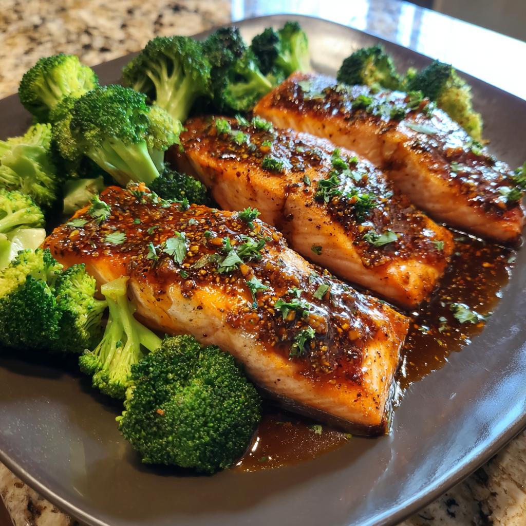 Three fillets of honey garlic salmon served with steamed broccoli florets, a perfect easy dinner recipe.