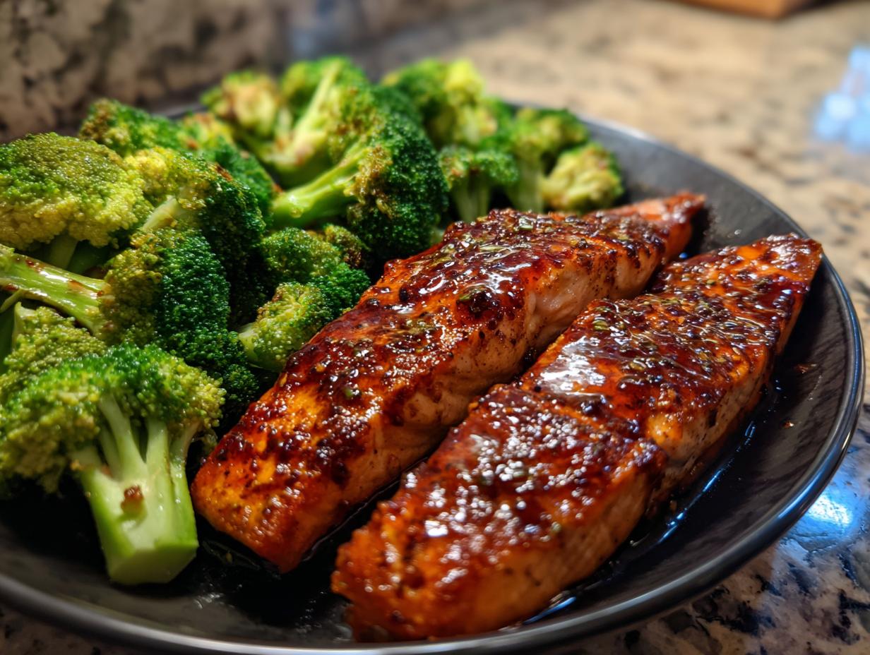 Two fillets of glistening honey garlic salmon served with bright green broccoli florets, a perfect easy dinner recipe.