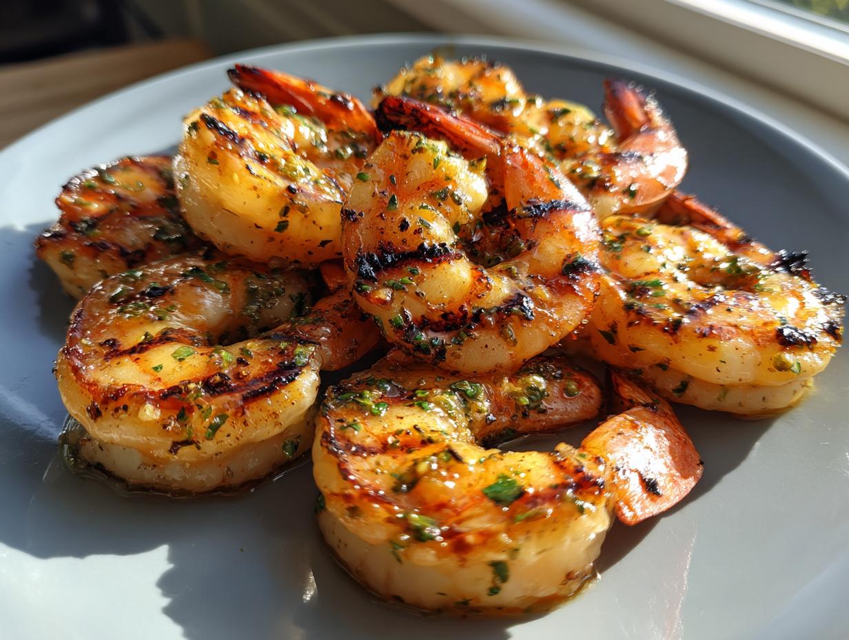 Close-up of grilled honey lime shrimp on a plate, glistening with marinade and herbs, perfect for fast cookouts.