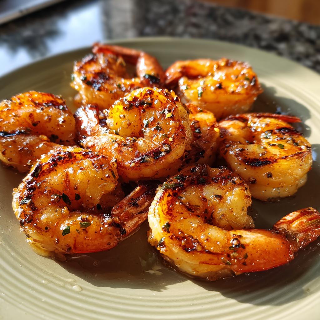 Close-up of juicy, grilled honey lime shrimp seasoned with herbs and spices on a plate.