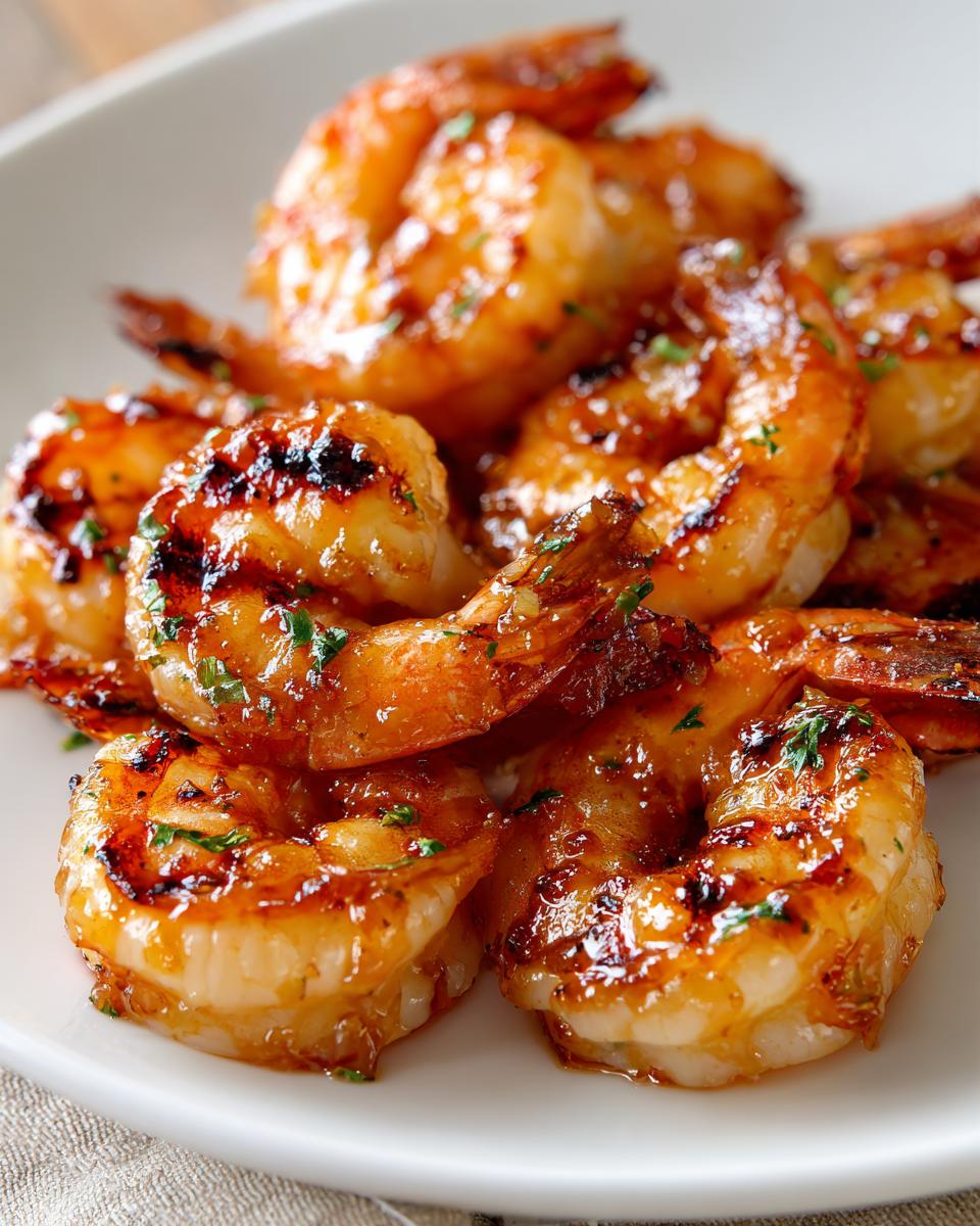 Close-up of glistening honey lime shrimp, perfect for fast grilling recipes.