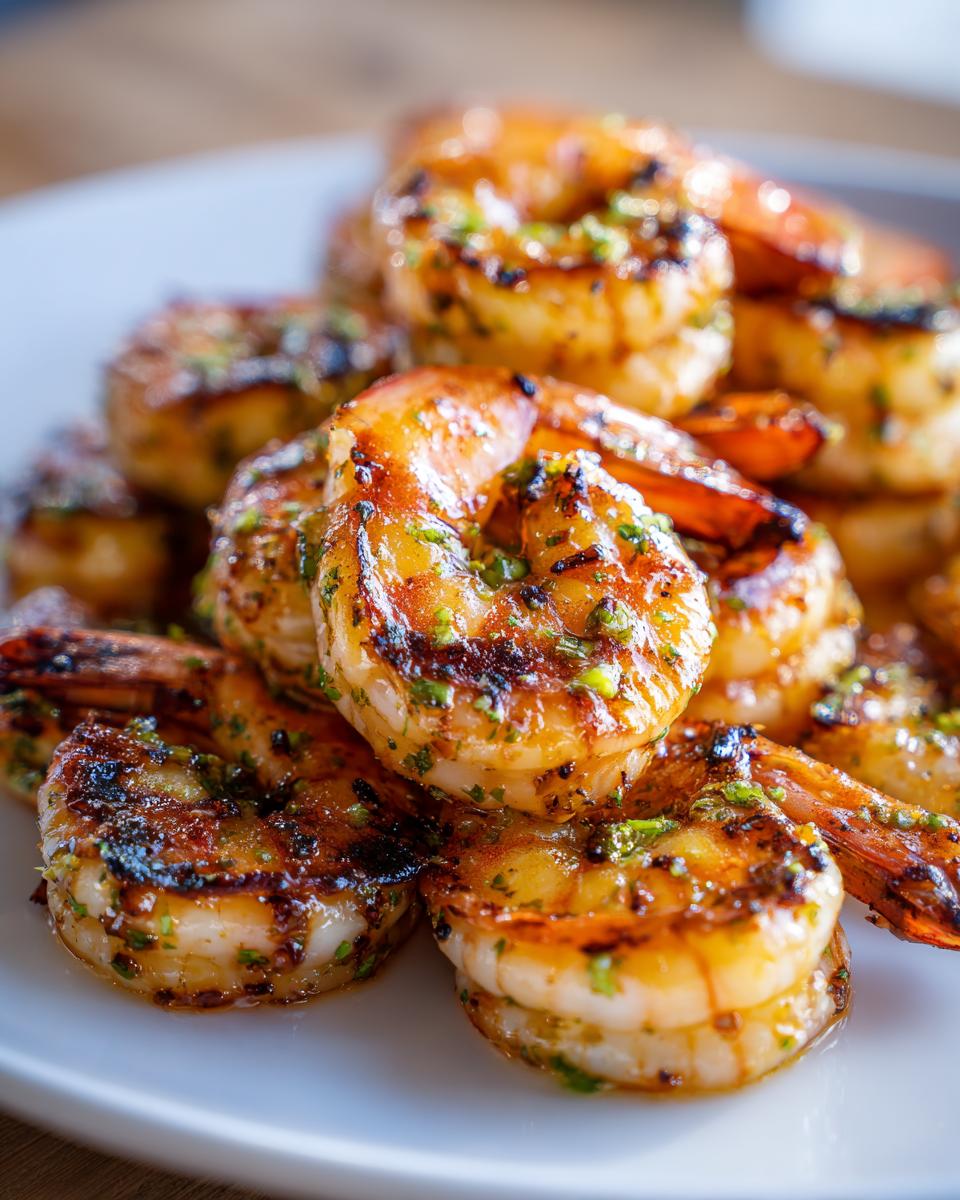 Close-up of perfectly grilled honey lime shrimp, glistening with marinade and herbs, piled on a white plate.