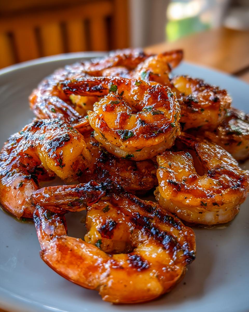 Close-up of grilled honey lime shrimp with grill marks and chopped herbs, ready for a fast cookout.