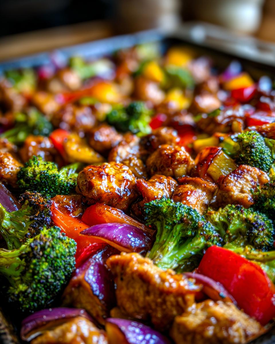 Close-up of honey mustard chicken breast pieces with broccoli, red onion, and bell peppers on a sheet pan.