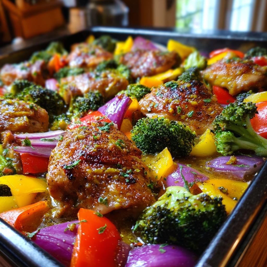 Close-up of honey mustard chicken breast pieces baked with broccoli, red onion, and bell peppers on a sheet pan.