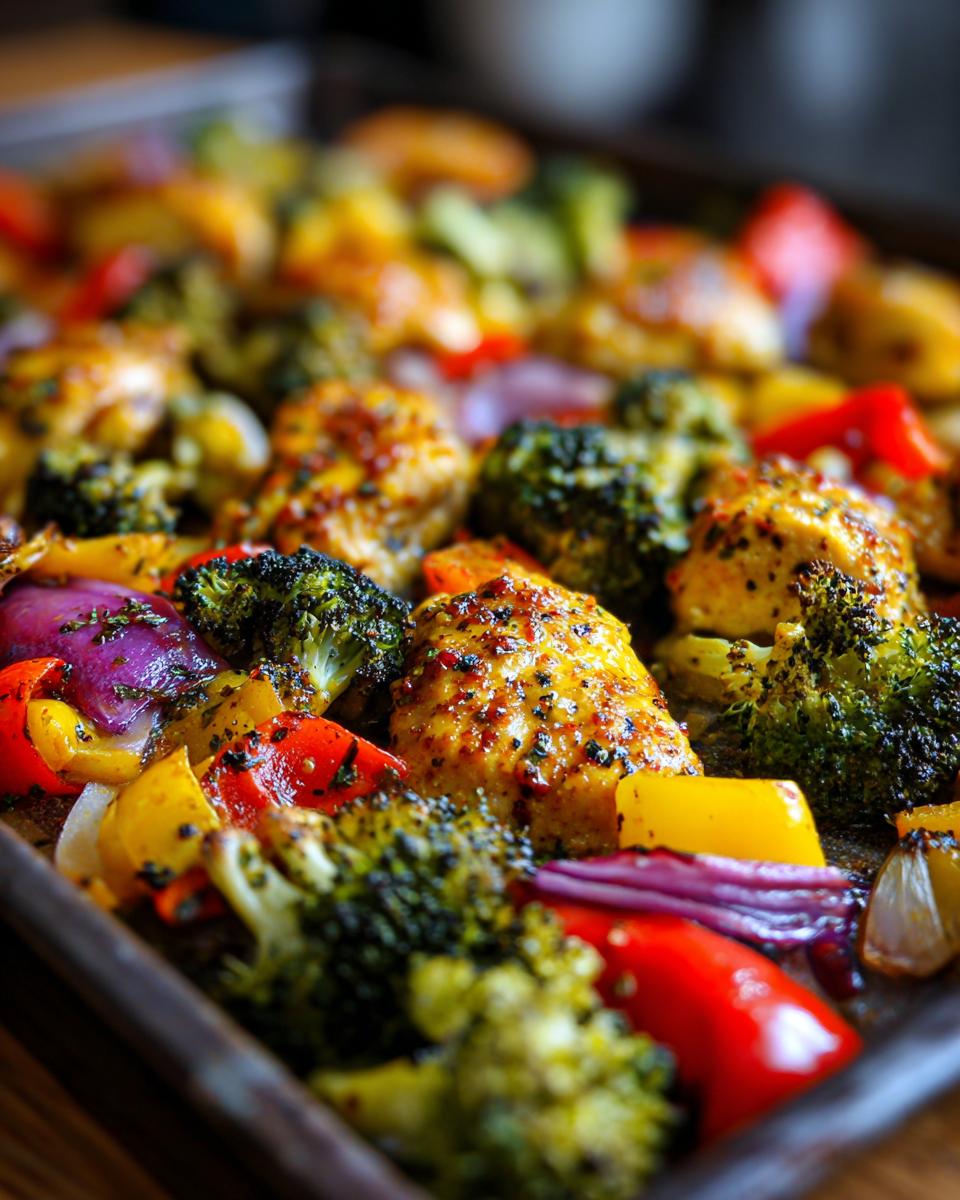 Close-up of honey mustard chicken breast pieces with roasted broccoli, red onion, and bell peppers on a sheet pan.