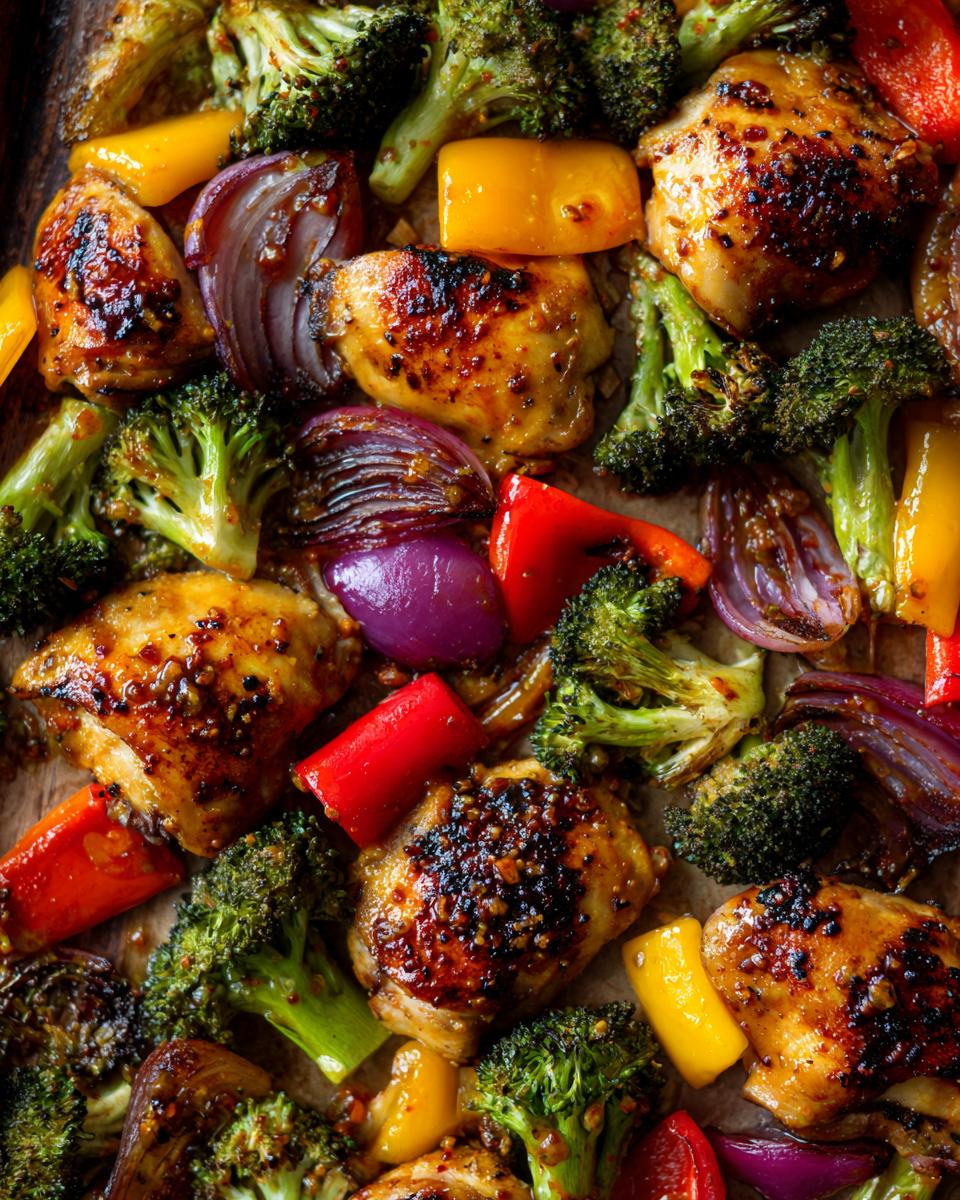 Close-up of honey mustard chicken breast pieces with roasted broccoli, red onion, and bell peppers on a sheet pan.
