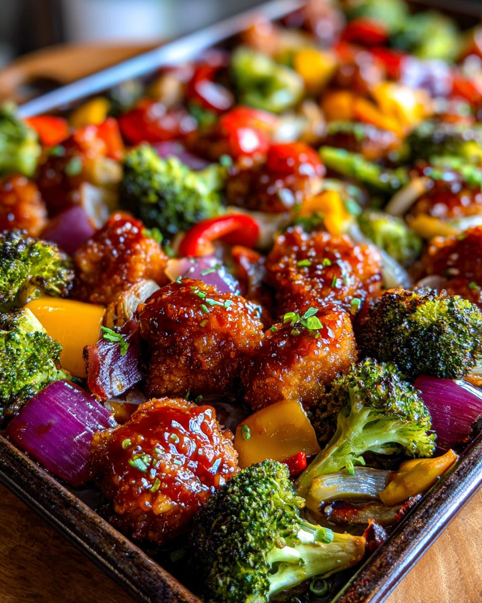 Close-up of honey mustard glazed chicken breast pieces with roasted broccoli, red onion, and bell peppers on a sheet pan.