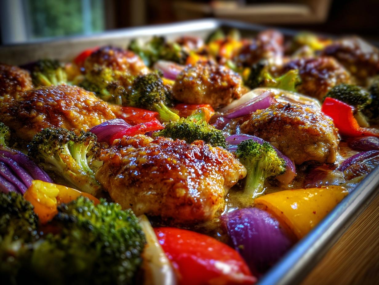 Close-up of honey mustard chicken breast pieces baked on a sheet pan with broccoli, red onion, and bell peppers.