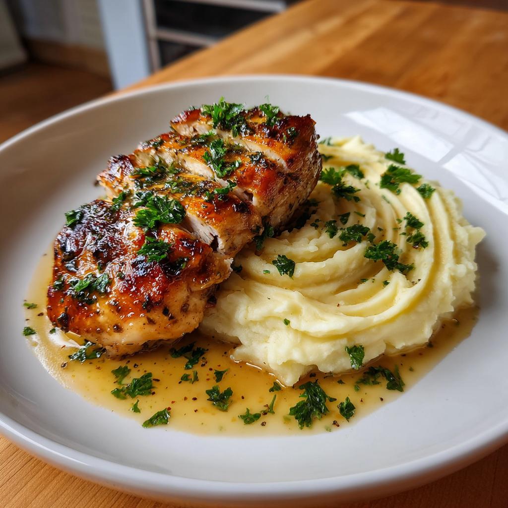A plate of Irresistible Garlic Herb Chicken with Creamy Mashed Potatoes, garnished with fresh parsley.