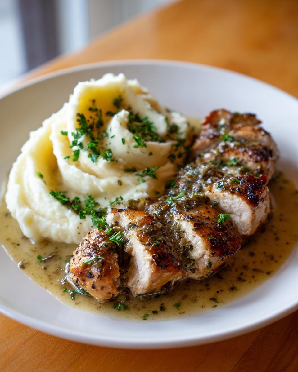 Close-up of sliced Irresistible Garlic Herb Chicken served with a swirl of creamy mashed potatoes and a savory herb sauce.